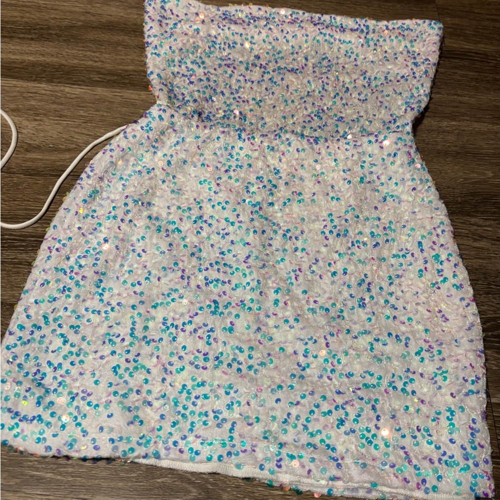 Blue and Pink Strapless Sheath Cocktail Dress